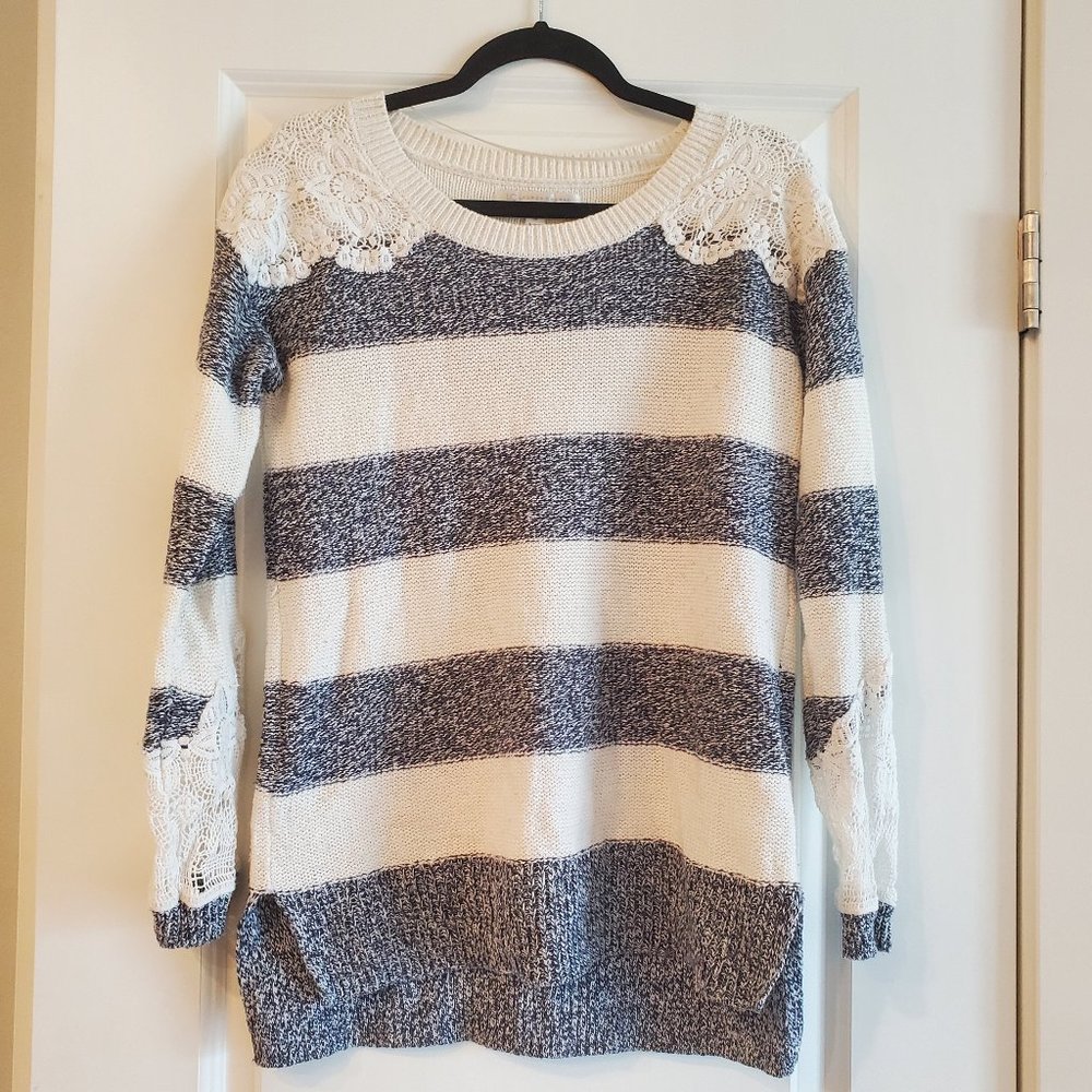 White and Grey striped sweater with lace detail by Lauren Conrad